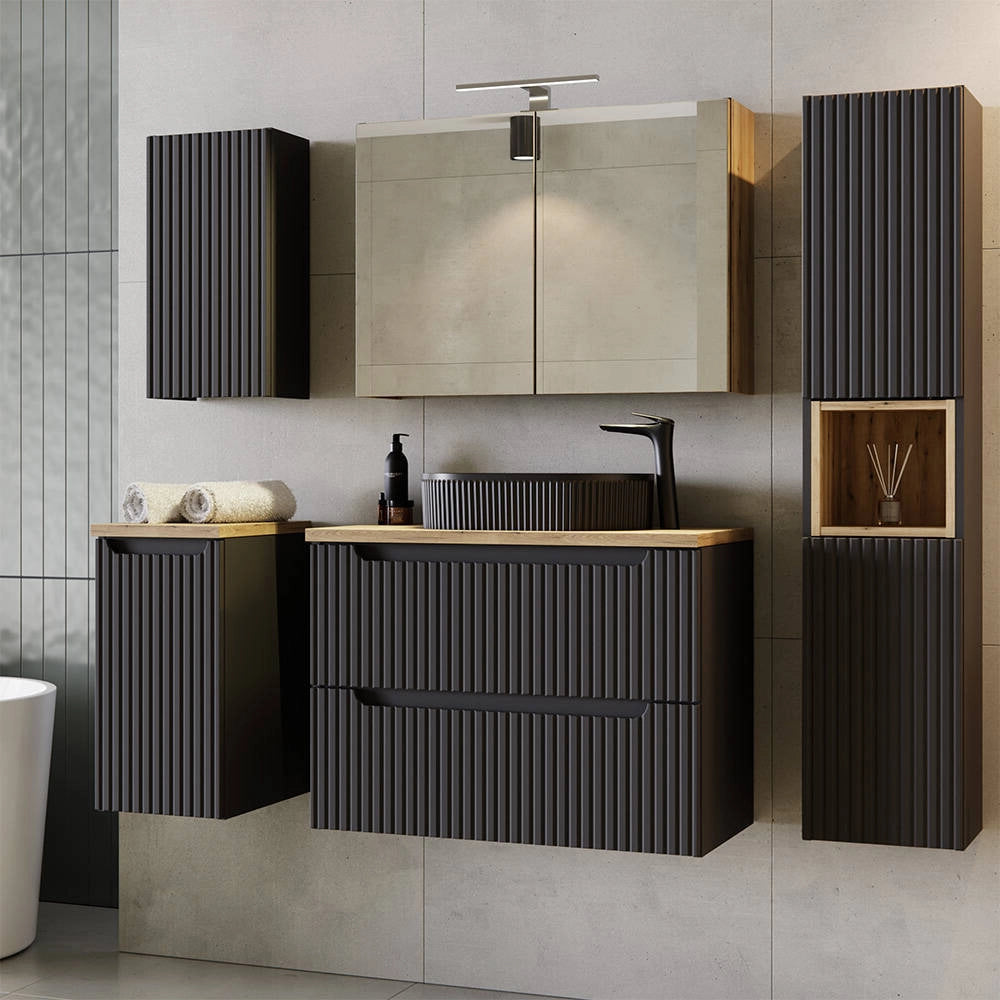 Armadietto Pensile NEWPORT con Anta e Ripiano 30x60x40 cm - Nero/Effetto Rovere [en.casa]