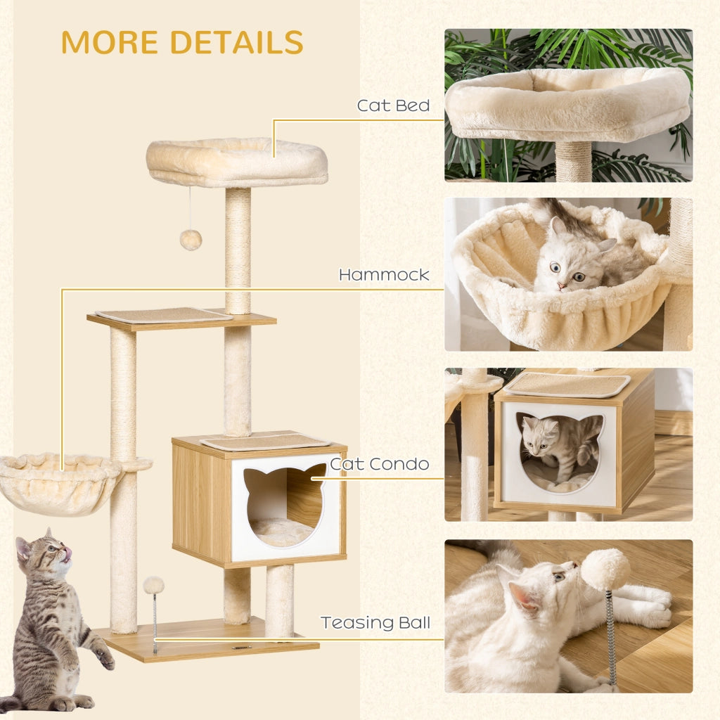 Tiragraffi per Gatti con 2 Pali Casetta e Lettini 48x40x126 cm in Legno Peluche e Sisal Beige