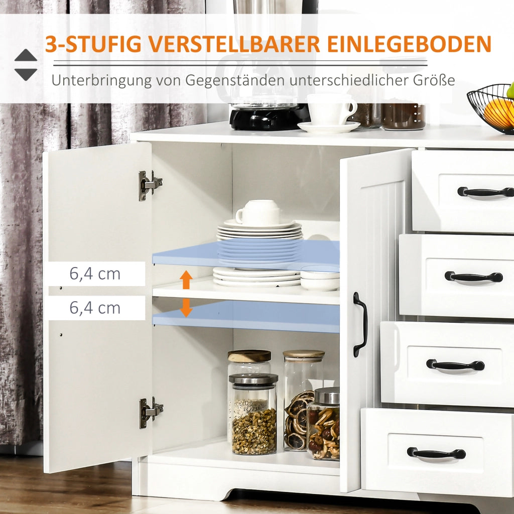 Credenza bianca con 4 cassetti, ripiano regolabile e dispositivo antiribaltamento per cucina e soggiorno.