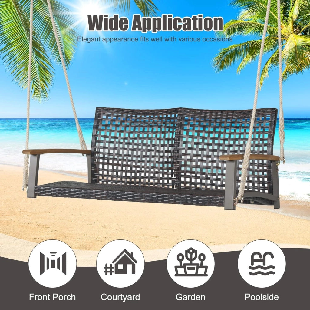 Altalena in vimini per 2 persone in rattan PE con schienale curvo per esterni, corde resistenti, capacità di carico di 360 kg, per terrazza, patio, giardino, balcone
