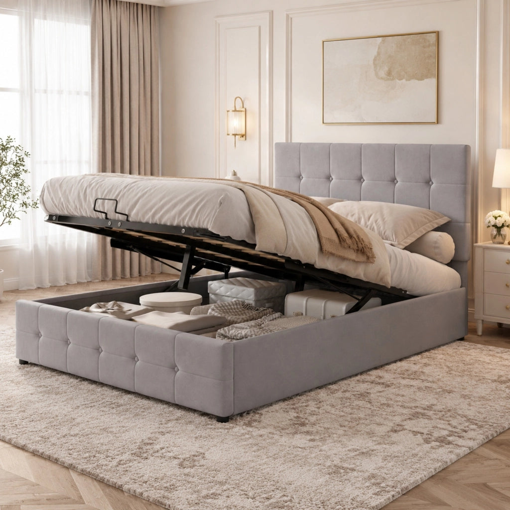 Letto imbottito con contenitore idraulico in velluto grigio