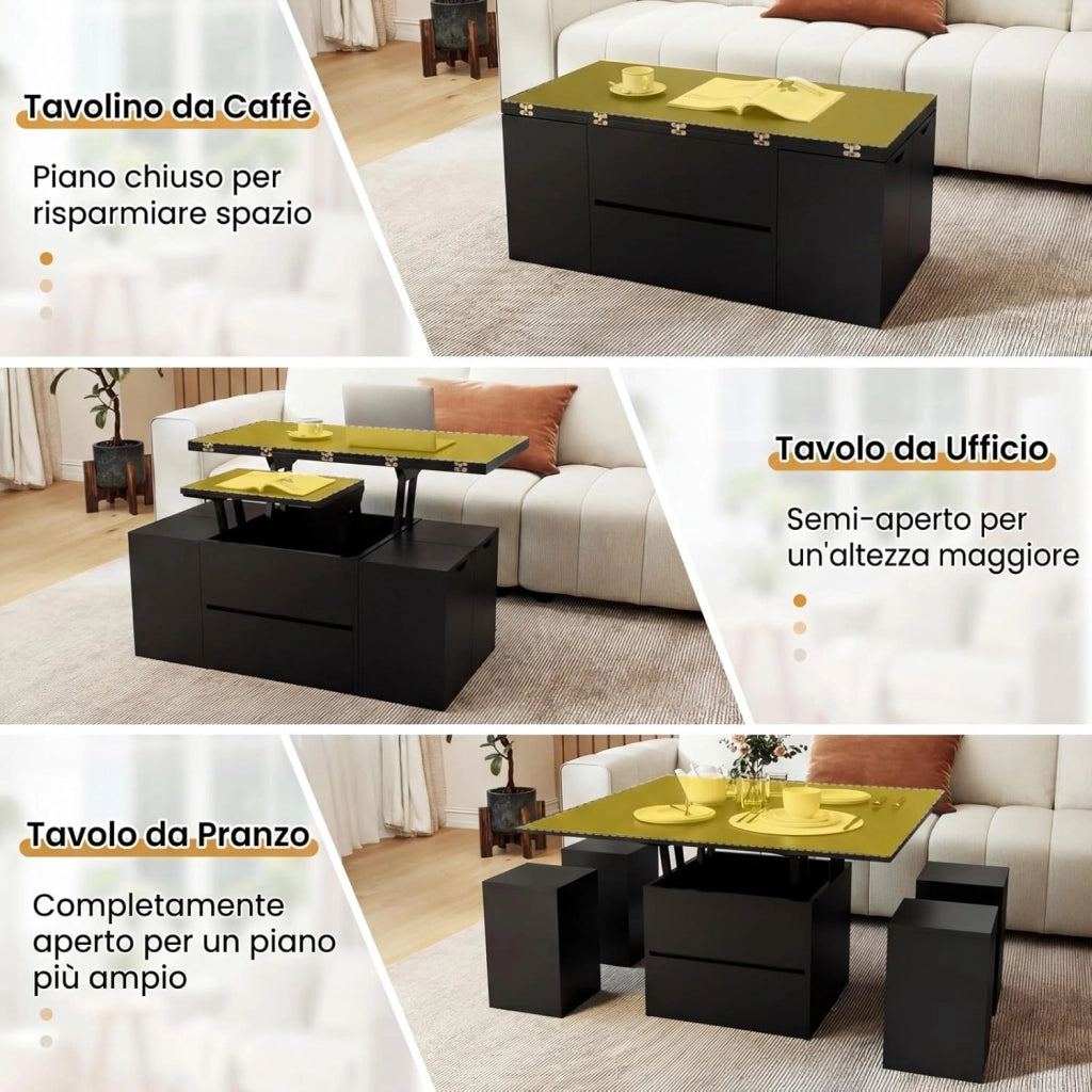 Tavolino con Piano Sollevabile e Pieghevole, Tavolino da Salotto 3 in 1 con 4 Sgabelli Contenitori, Scomparto Nascosto e Cassetto, Tavolo Rettangolare per 4-8 Persone (Nero)