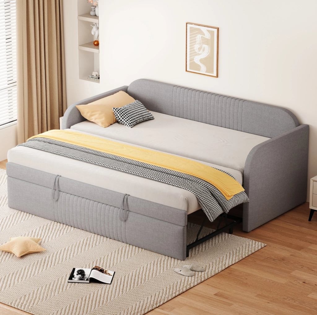 Letto imbottito trasformabile 90x190/180x190 cm in tessuto grigio chiaro