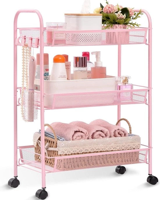 Carrello cucina 3 livelli ruote piccole carrello da servire con nido per bagno - rosa, multifunzionale con grande capacità carrello cucina