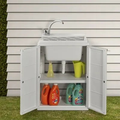 Mobile lavatoio salvaspazio 64x45 bianco con vasca e ripiano interno
