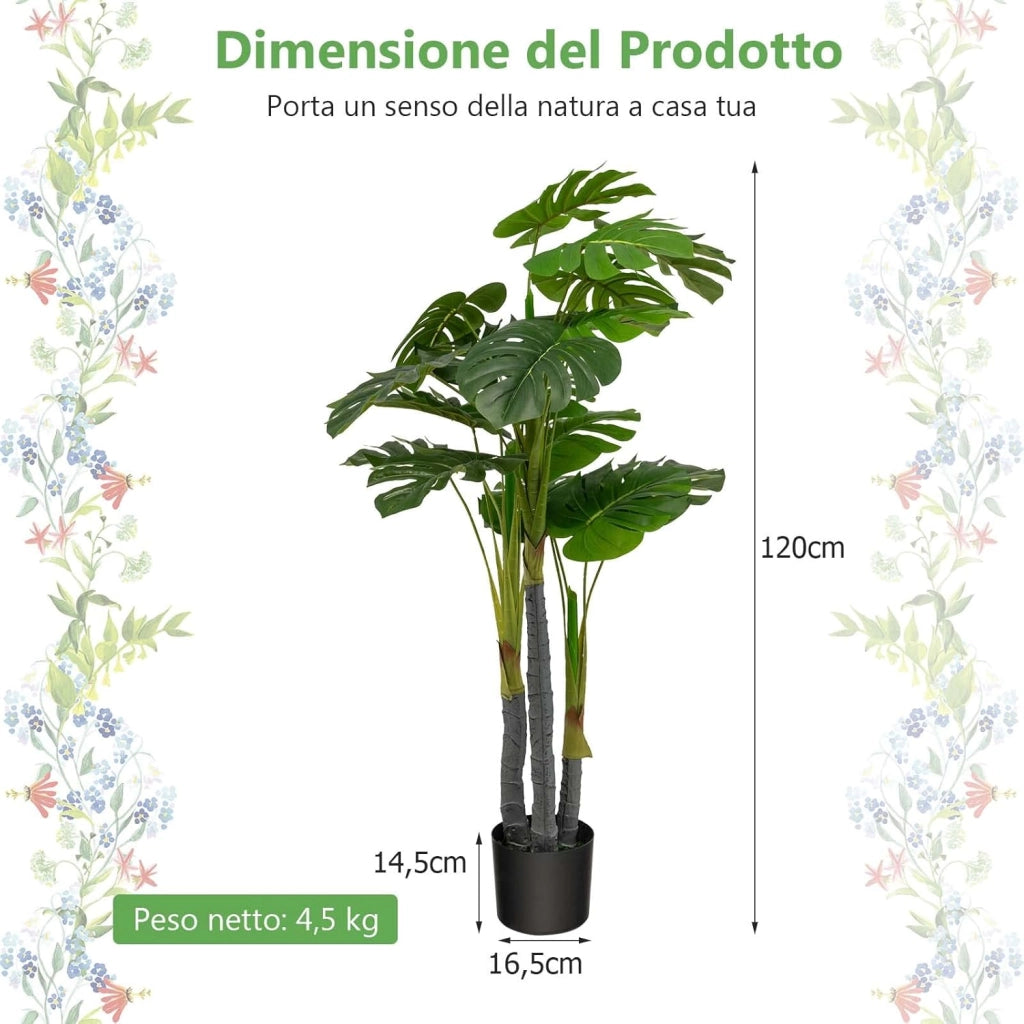 Pianta Finta 120 cm, Albero di Filodendro Artificiale con Foglie in Plastica PE, 3 Rami e 20 Foglie e Supporto in Cemento, Ideale per Casa, Ufficio e Negozio