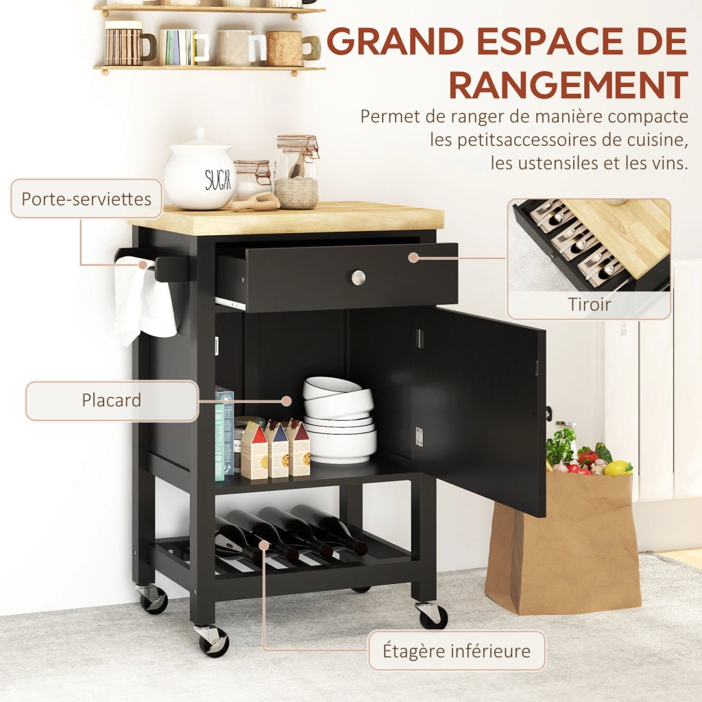 Carrello da cucina con ruote ¨C Xylo ¨C legno massello, cassetto, 63,5x40x90 cm, nero