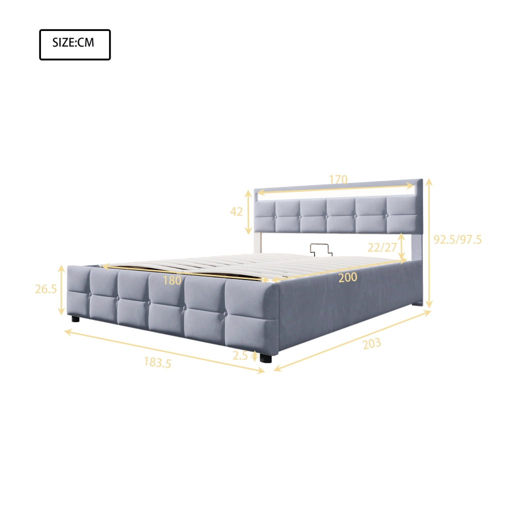 Letti contenitori 180x200 cm con LED e rete a doghe; velluto; grigio