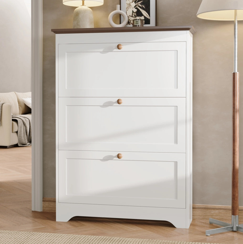 Scarpiera 87x26x120 cm con 3 ribalte e ripiano superiore in MDF bianco