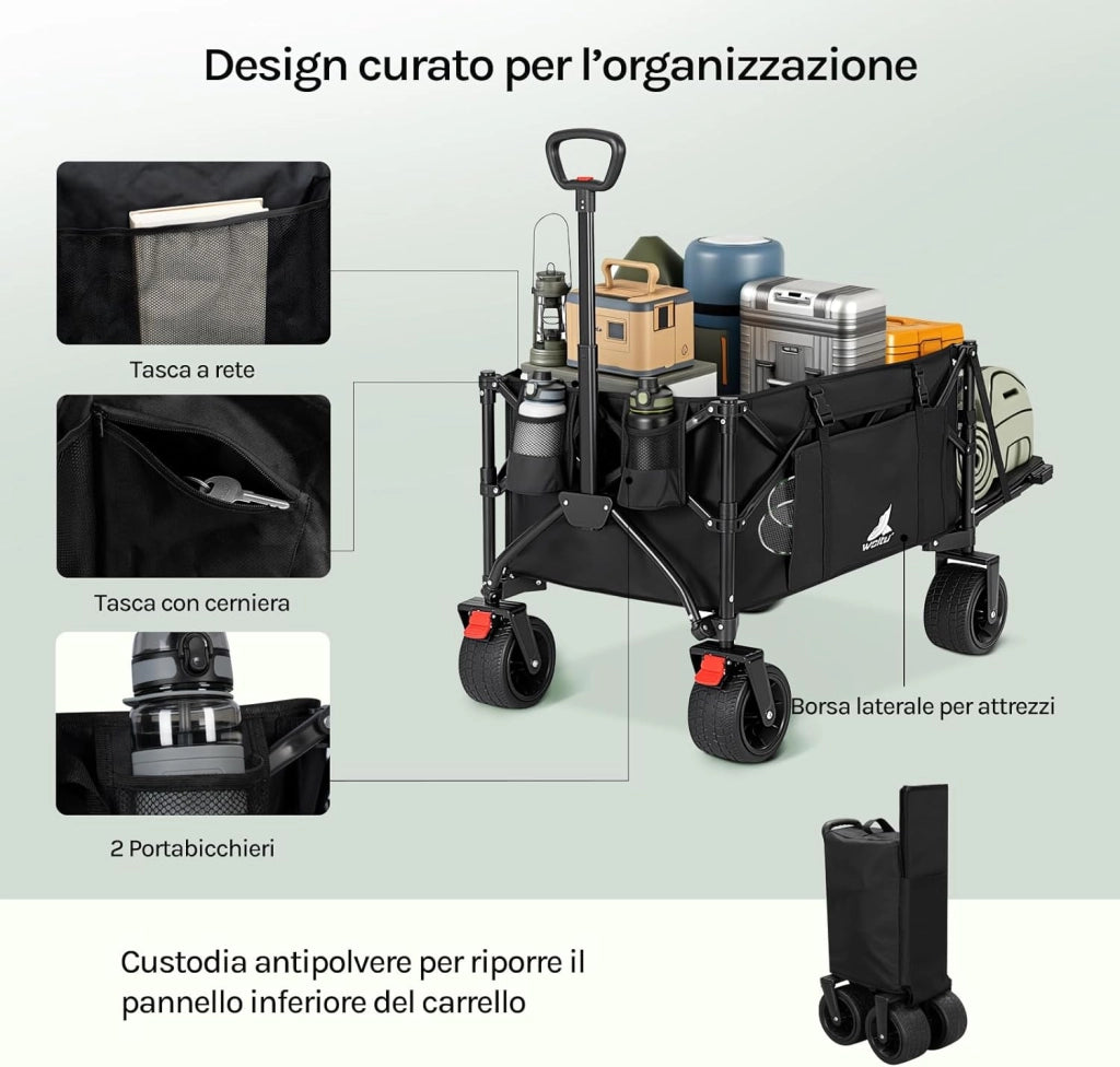 Carrello da Giardino con Ripiano Posteriore Ribaltabile, 205 L, Portata 180 kg, Carrello Pieghevole con 4 Ruote Grandi, Borsa Laterale, 2 Tasche Interne e 2 Portabicchieri, per Campeggio, Nero