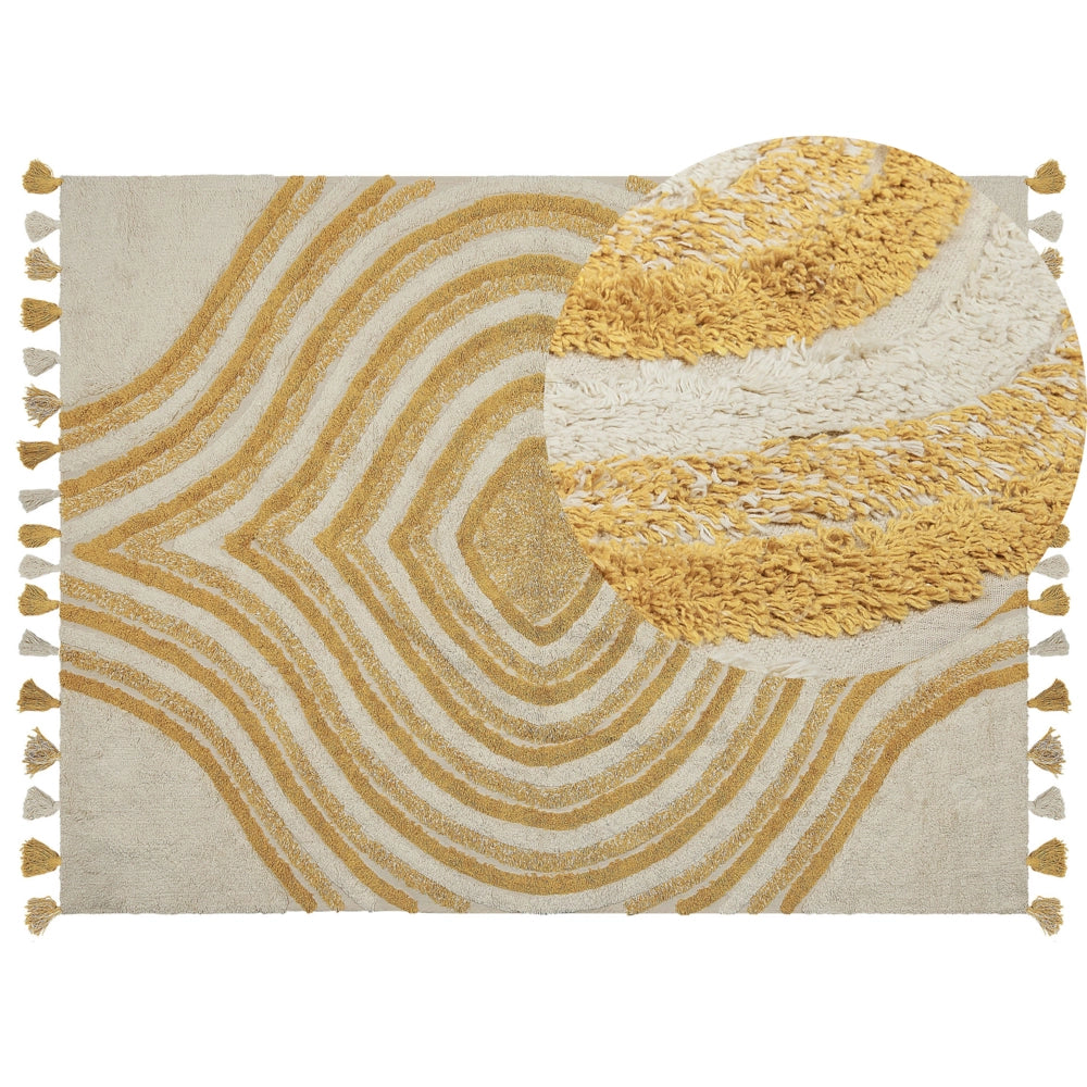 Tappeto beige e giallo 160 x 230 cm cotone fatto a mano motivo geometrico soggiorno camera da letto