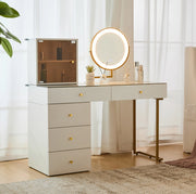 Tavolo da trucco 120x45x115 cm con specchio LED a 3 colori; piano in vetro; bianco e oro