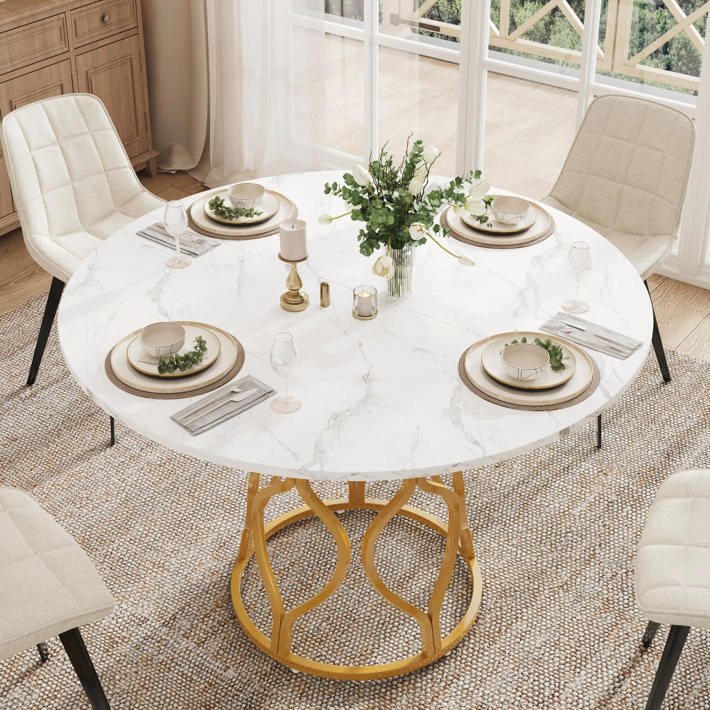 TAVOLO da Pranzo Rotondo 100x100x75 cm Bianco e Oro con Ripiano