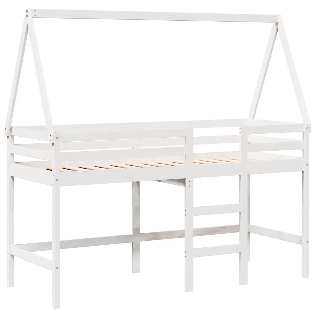 Letto Soppalco con Scala e Tetto Bianco 90x190 cm Massello Pino