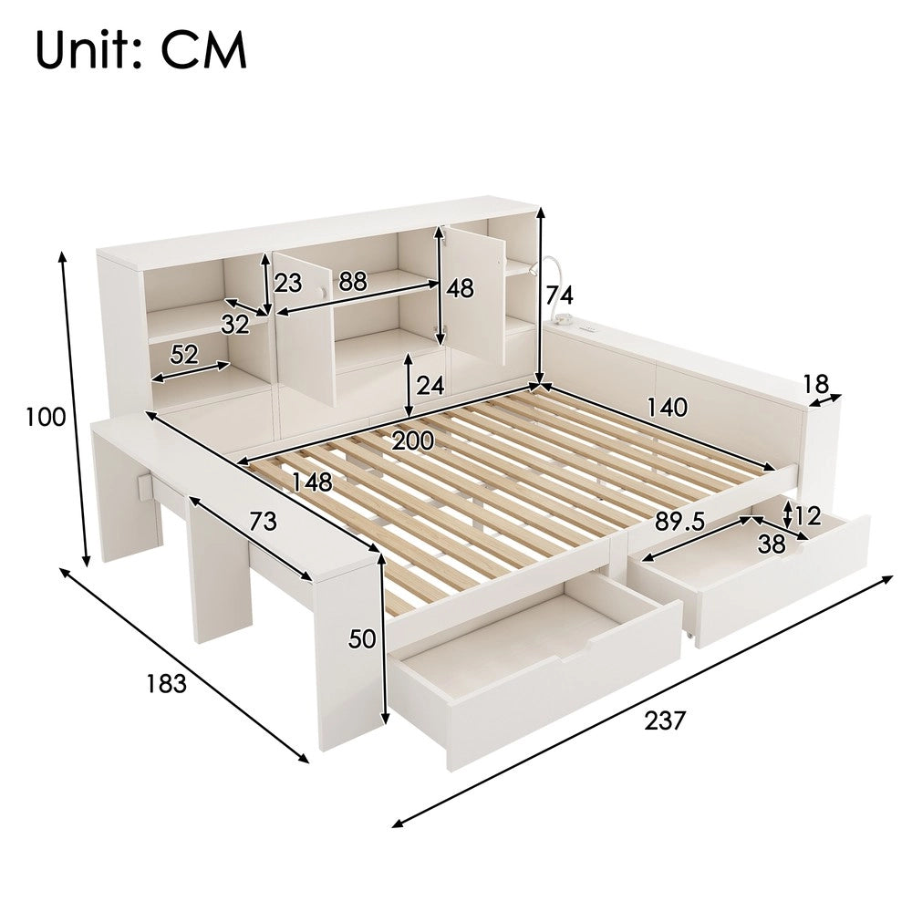 Letto con spazio di archiviazione 140x200 cm Bianco - Zephmum- Doppie ante USB/USB-C