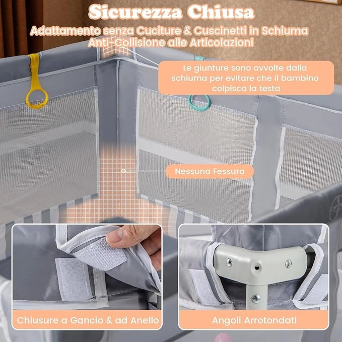Box per Bambini 150 x 150 cm, Recinto per Bambini Pieghevole in Tessuto Oxford con Rete Traspirante, Box con Giochi che Include 50 Palline, 4 Pezzi Anelli e Borsa (Grigio, 150 x 150 cm)
