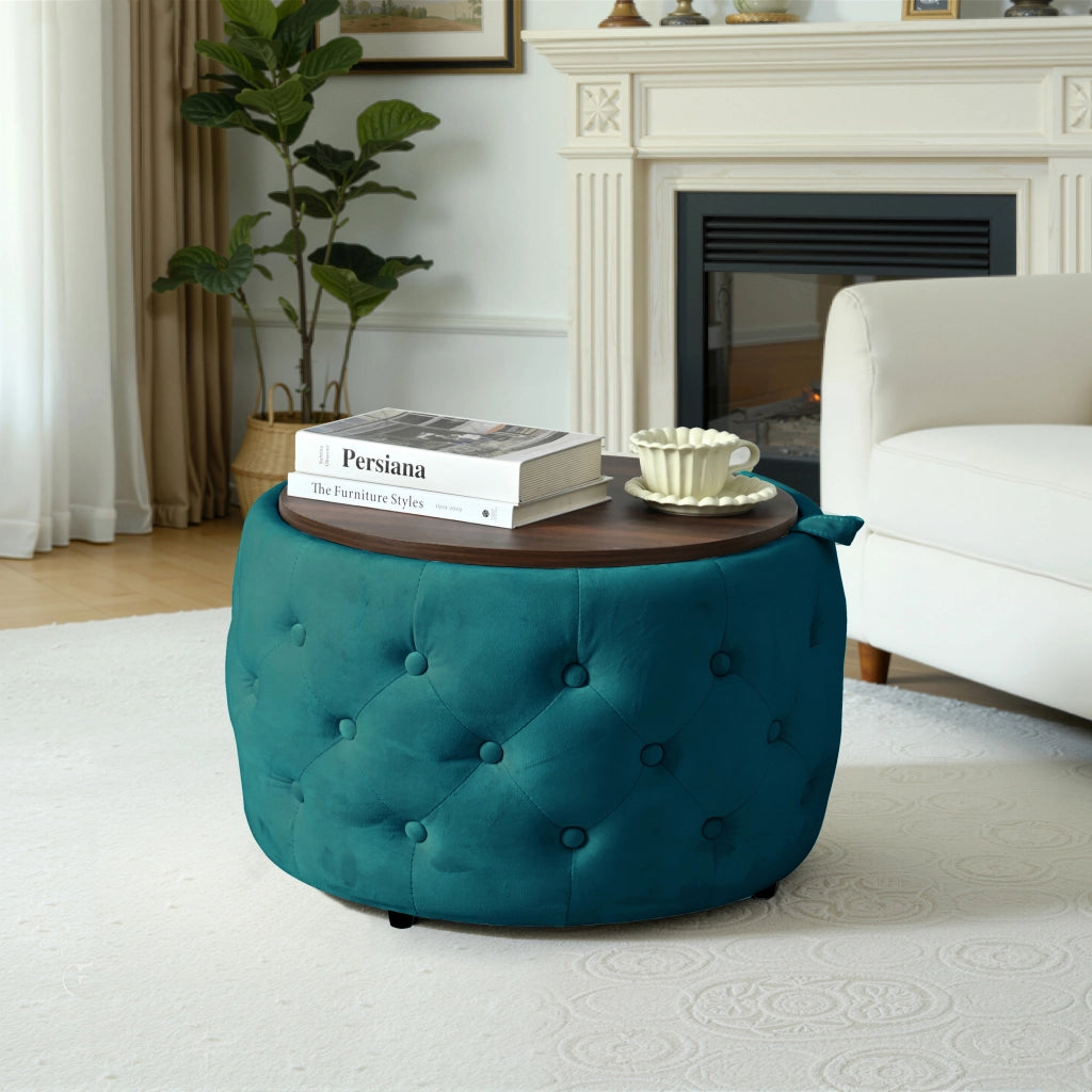 Pouf contenitore rotondo 2 pezzi con vassoio in legno, in velluto blu 58 × 58 × 38 cm