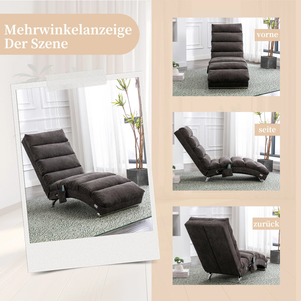 Chaise Longue Massaggiante Fissa con Schienale 140°; Vibrazione Delicata e Tasca Laterale; Struttura in Legno; in Lino Grigio Scuro