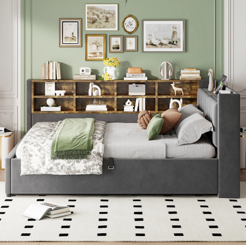 Letto imbottito 140x200 cm con vano idraulico e prese USB-C