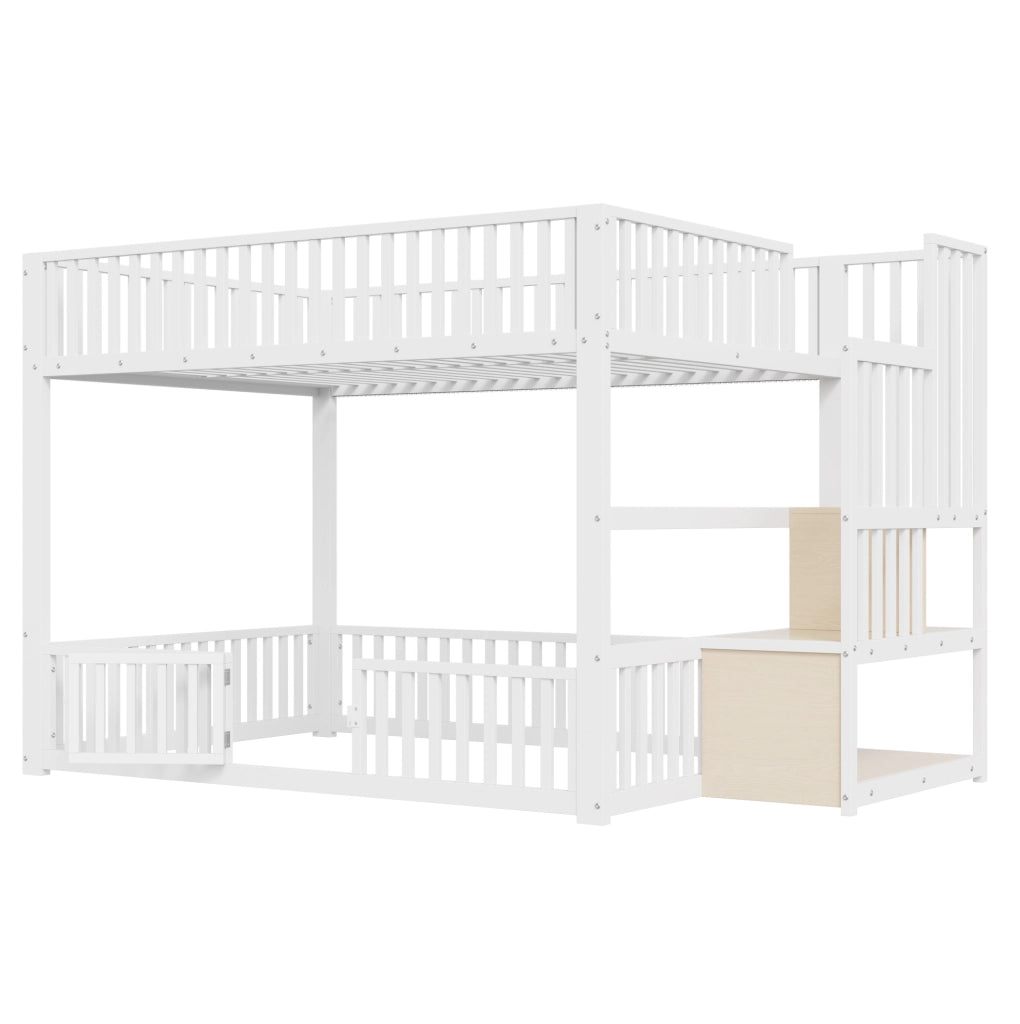 Letto a castello 140x200 cm con scala contenitore e LED; bianco; in MDF e metallo