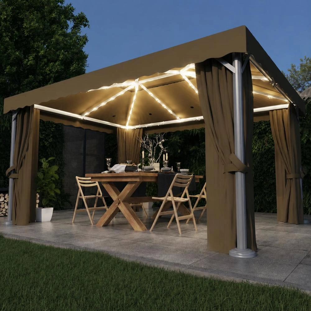 Pavilion With Curtains & LED String Lights 4x3 M Taupe