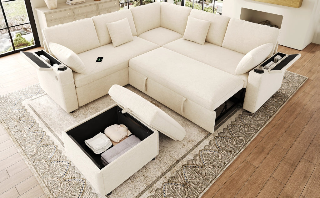 Divano angolare convertibile con pouf contenitore USB Type-C portabicchieri e vani bracciolo in chenille beige