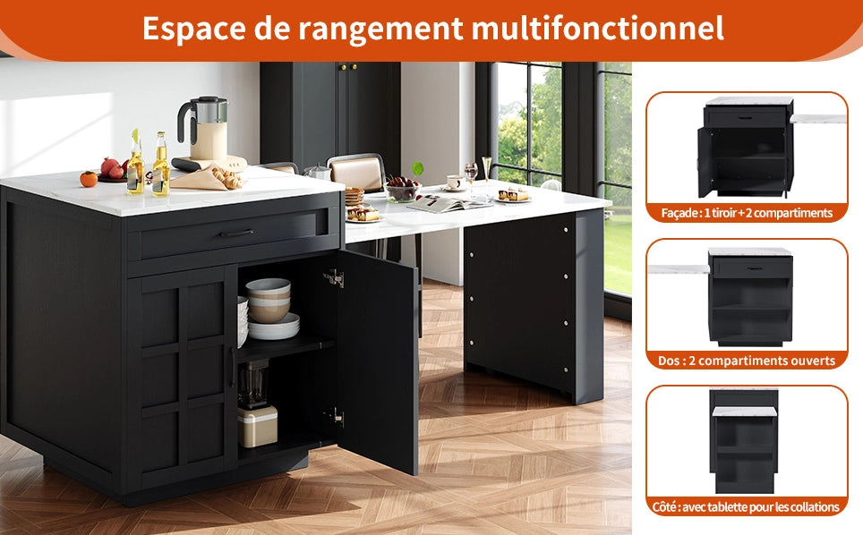 Tavolo Bar Estensibile con Ripiani e Cassetti, Cucina Isola da 133 a 202 cm, MDF Nero, Per 2-6 Persone