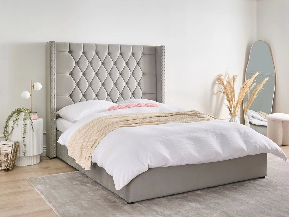 Letto contenitore velluto grigio chiaro e argento 140 x 200 cm glamour elegante
