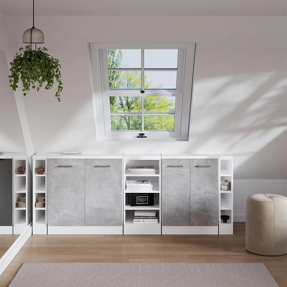 Set di mobili sottotetto Rion, Calcestruzzo, 210 cm Set di 5 carcasse armadio profondità 60 cm, adatto per il salvaspazio sotto tetti spioventi