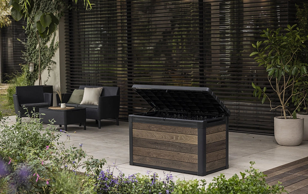 Baule Contenitore da Giardino 380L Keter Signature Deco Box 100 in Resina Effetto Legno Noce