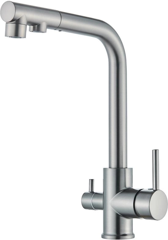 3 viei rubinetto da cucina, rubinetto da cucina 360° girevole, miscelatore 3-in-1 per filtro acqua, rubinetto acqua potabile con 2 maniglie, rubinetto da cucina 3 vie in acciaio inossidabile, colore grafite grigio