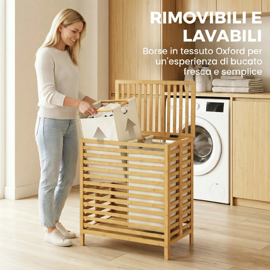 Cesto Portabiancheria in Bamb¨´ con 2 Sacche ¨C zephmum ¨C Legno 64L