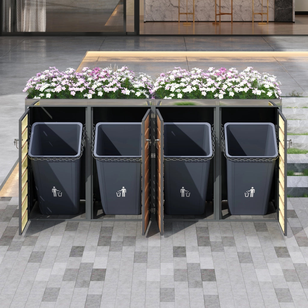 Copribidoni per 4 Contenitori con Ante con Serratura Fioriera Integrata Pannelli Ventilati in Acciaio Grigio