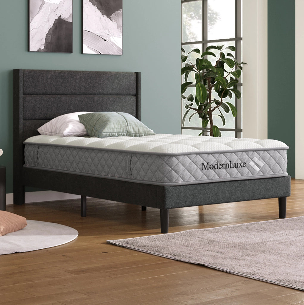 Letto imbottito 90x200 cm con rete e materasso; grigio