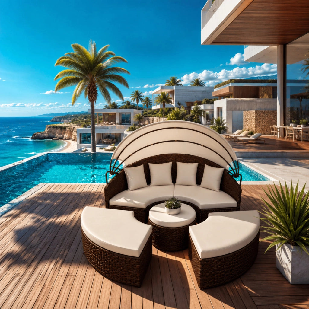 Isola Prendisole Modulare In Polyrattan Con Set Arredo Da Esterno Completo Di Tavolino Integrato E Quattro Cuscini E Tettuccio Parasole Pieghevole Per Giardino Terrazza Beige E Marrone