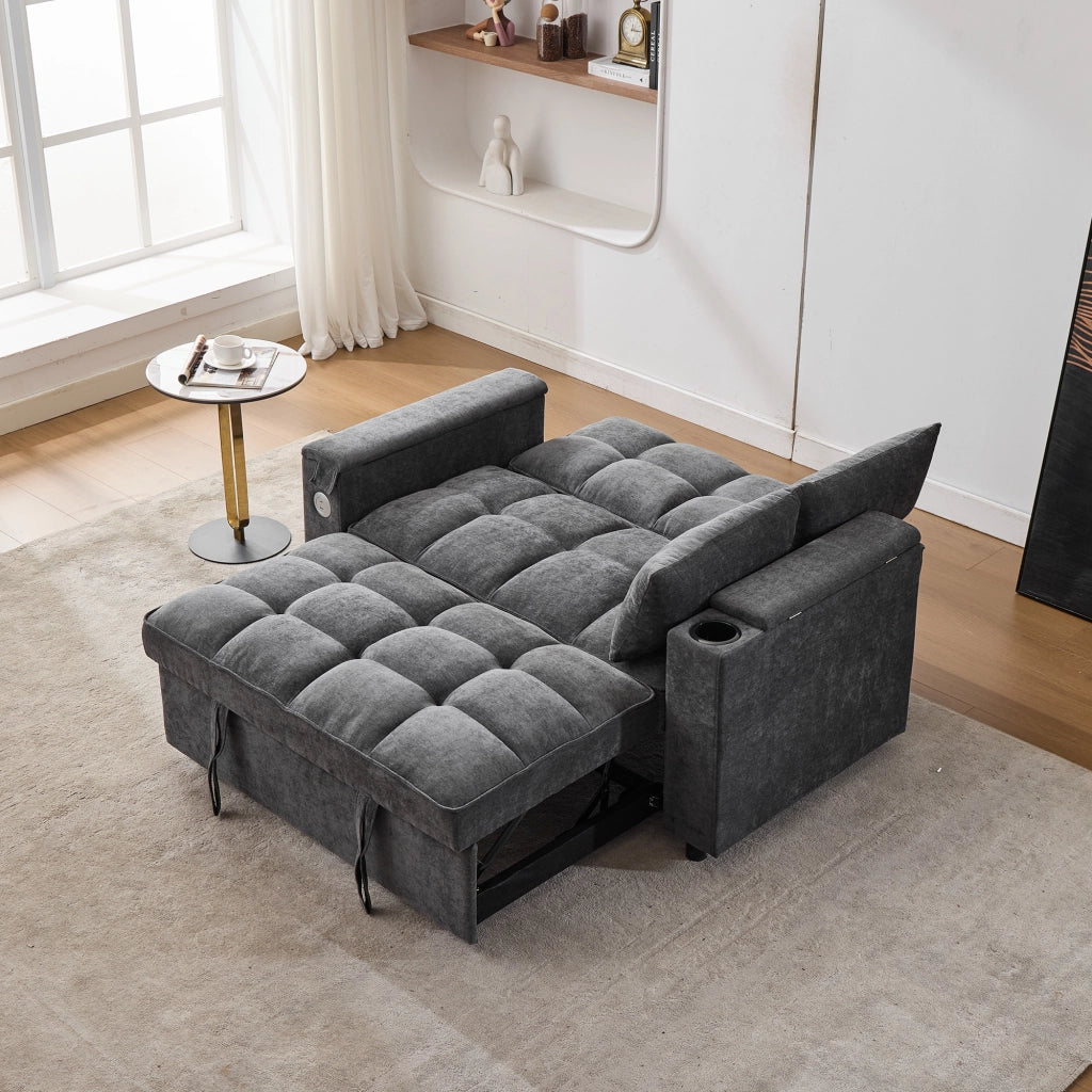 Divano letto pieghevole 3-in-1 grigio con schienale regolabile, USB e vano contenitore