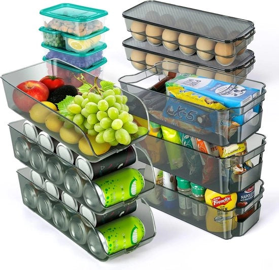 Set di contenitori per frigorifero in plastica, cassetta portatile, contenitore per uova per frigorifero, cucina + 1 contenitore per pulizia, 13 pezzi.