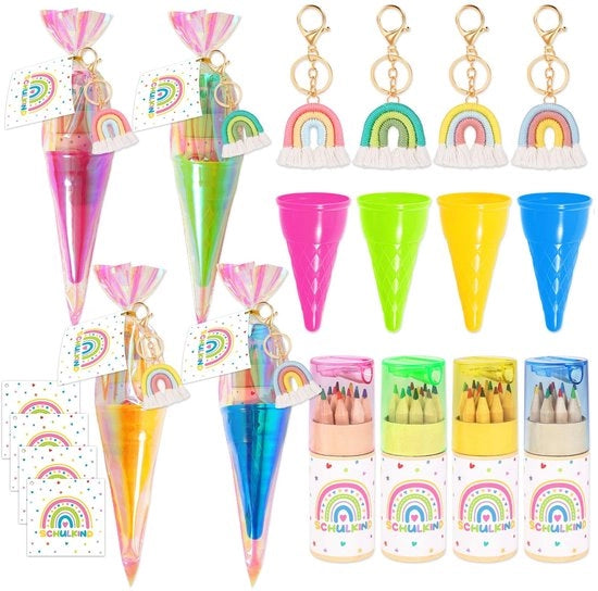 Set di 4 piccoli zaini da scuola - Colori pastello - Clip regalo arcobaleno - Primo giorno di scuola - Zainetto da scuola