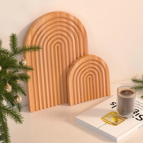 Decorazione per Parete in Legno Boho - Set di 2 - Placche Decorative in Legno Naturale - Decorazione con Arcobaleno