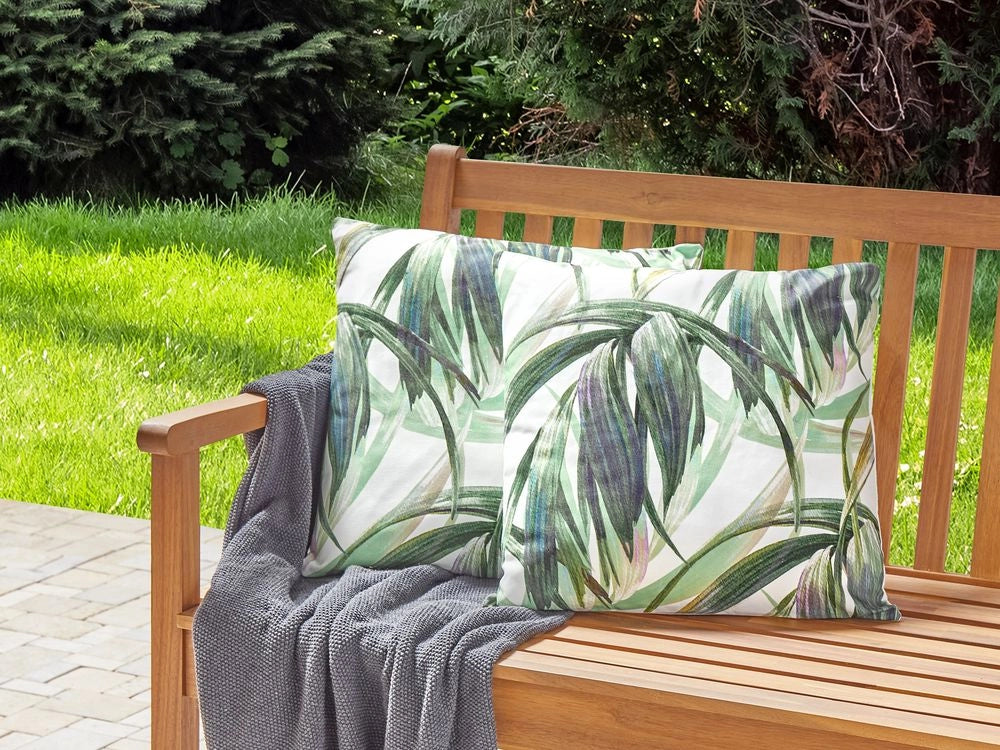 Set di 2 cuscini da giardino in tessuto di poliestere grigio con motivo a foglie 45 x 45 cm resistente all'acqua esterno