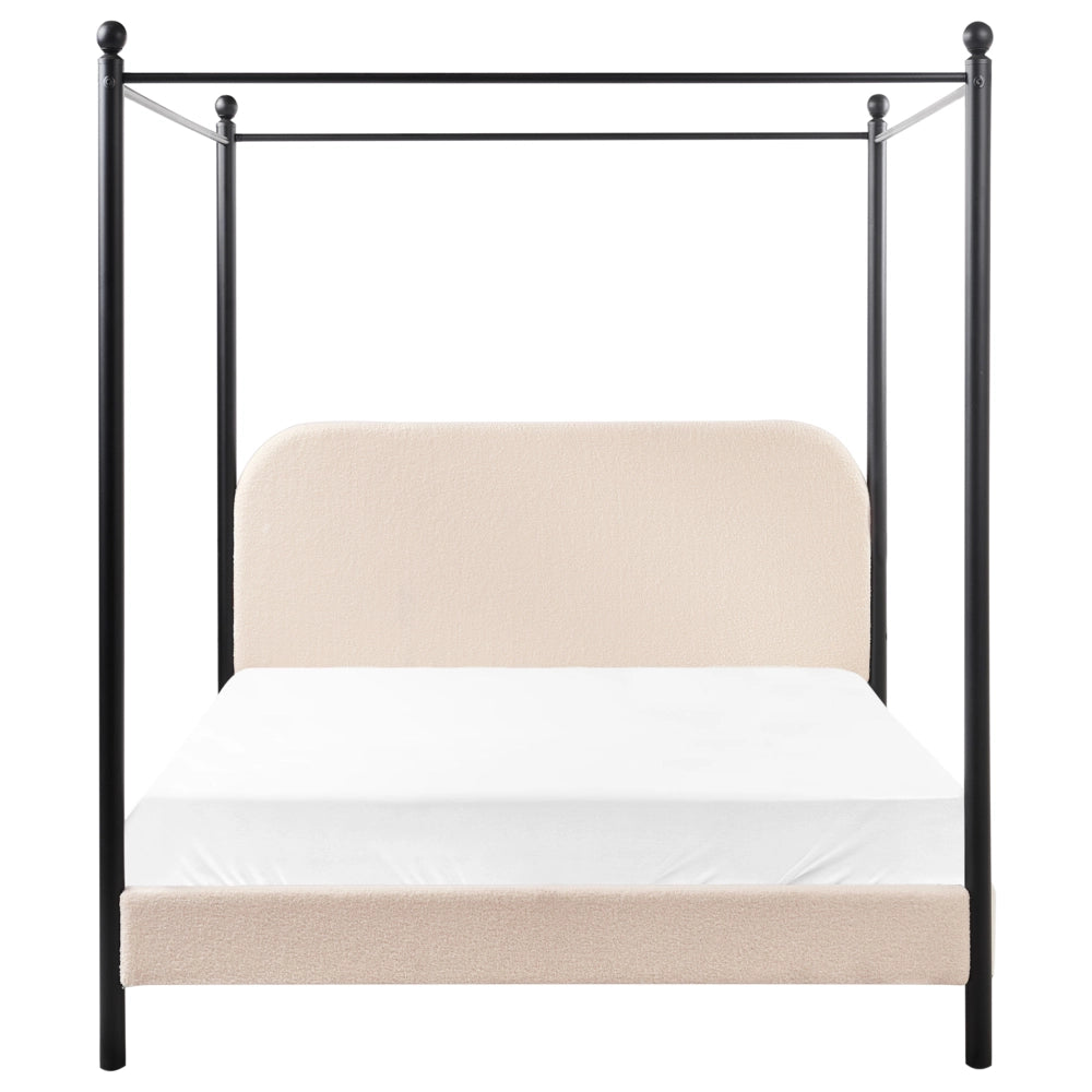 Letto a baldacchino in metallo nero con rivestimento in bouclé beige 140 x 200 cm EU Dimensioni doppie Retro Minimalista