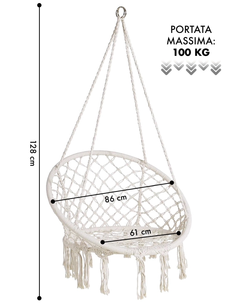 Sedia Sospesa ad Altalena Lavorata a maglia con Corda in Cotone Frange Macrame Naturale