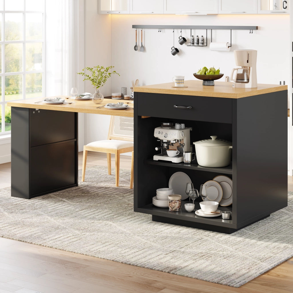 Isola da cucina estraibile con LED - Zephmum - 2 cassetti, ante in vetro, piano in MDF