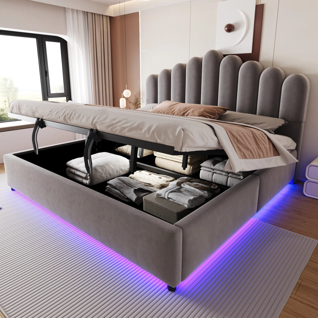 Letto imbottito 180x200 cm con contenitore idraulico, testiera imbottita, luce LED e struttura a doghe, colore grigio