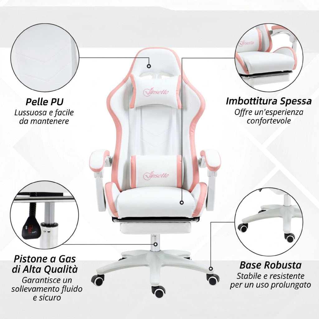 Sedia da Gaming con Altezza Regolabile e Schienale Reclinabile 135°, 65x65x121-129 cm, Bianco e Rosa