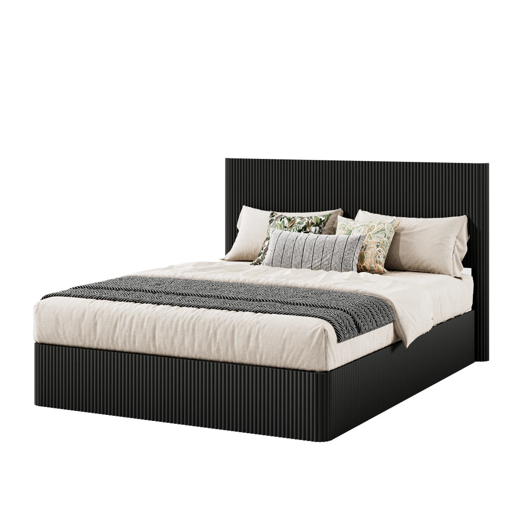 Letto contenitore matrimoniale 160×200 cm con rete sollevabile e testiera; senza materasso; MDF e metallo; nero