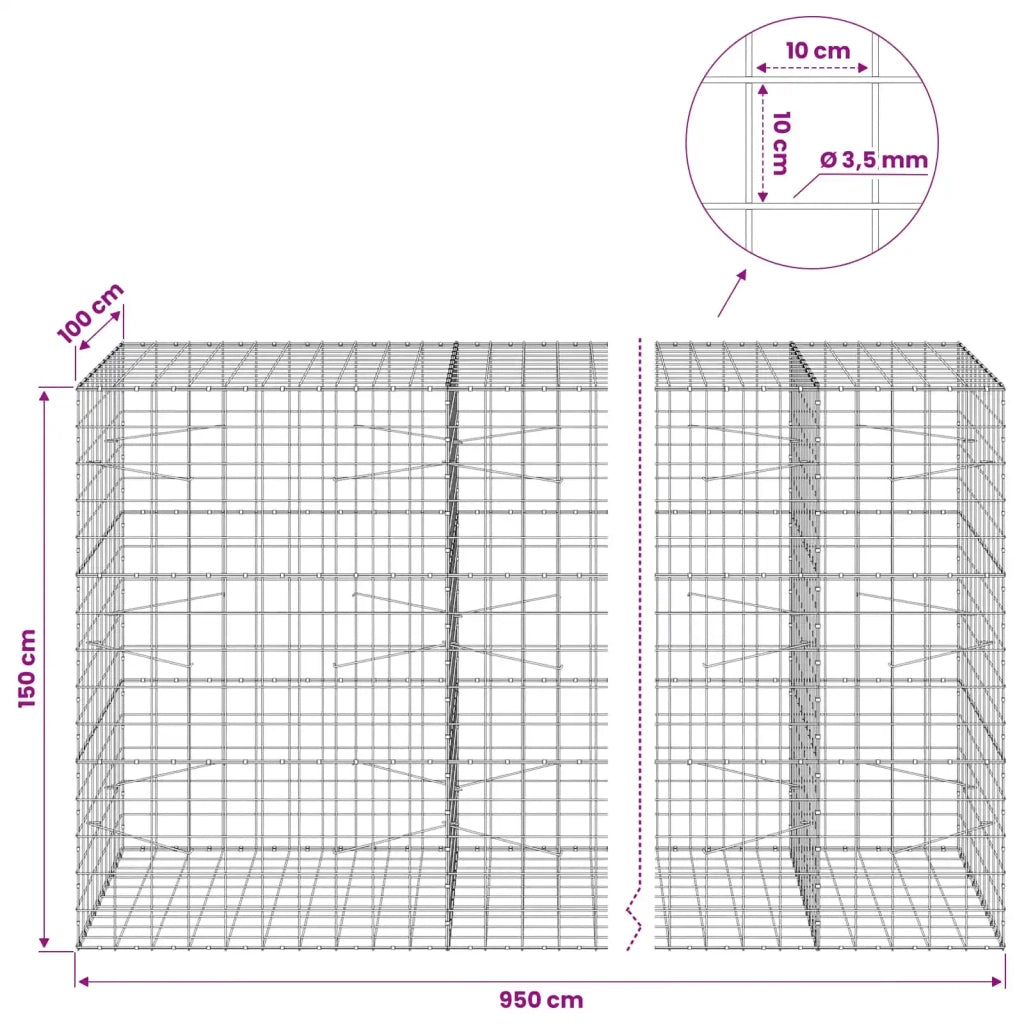 Gabione con Filo da 3,5 mm e Rete da 10x10 cm 950x100x150 cm 3463429
