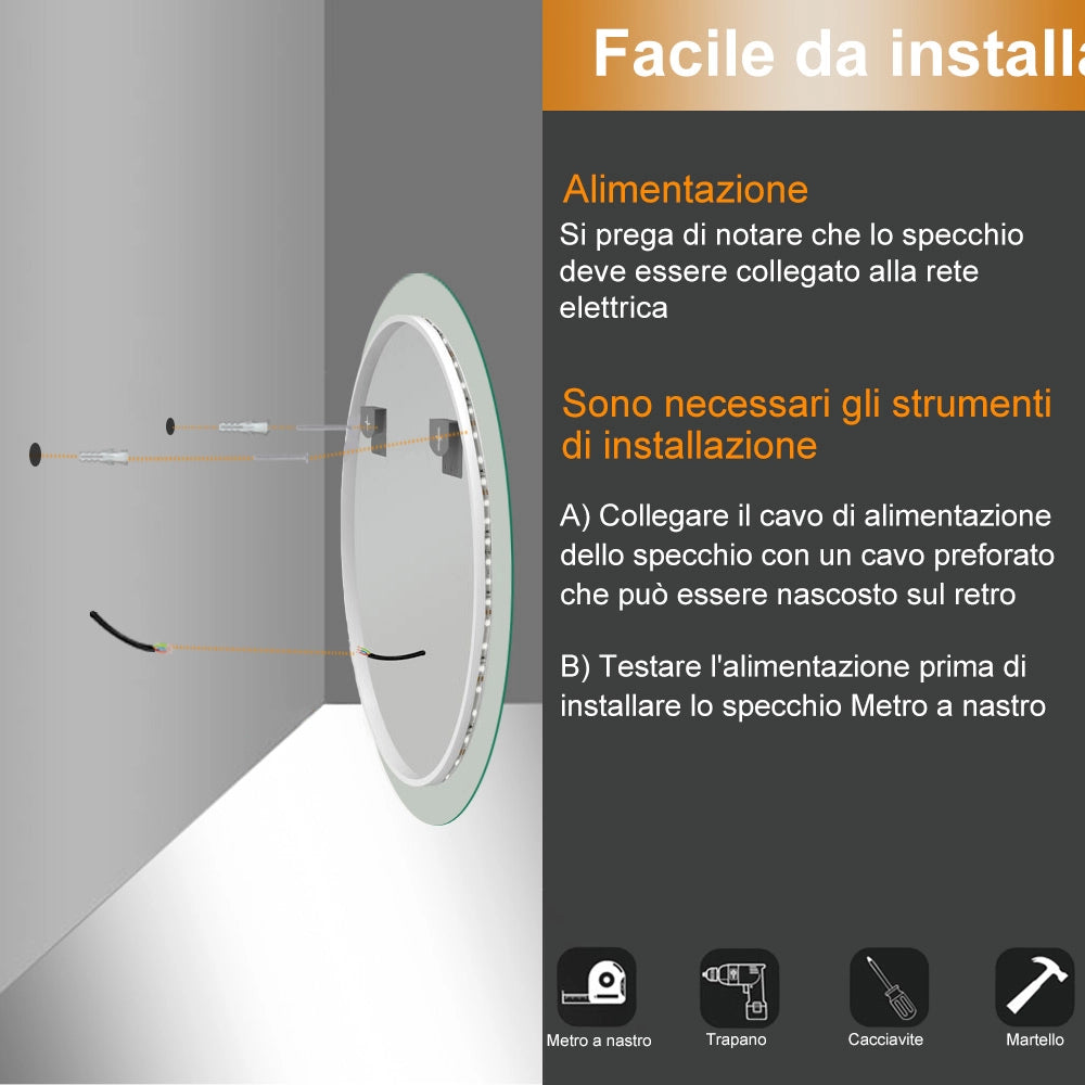 Specchio bagno tondo 90 cm con led. Dimmerabile + Touch Control + Bordo non sabbiato + IP44