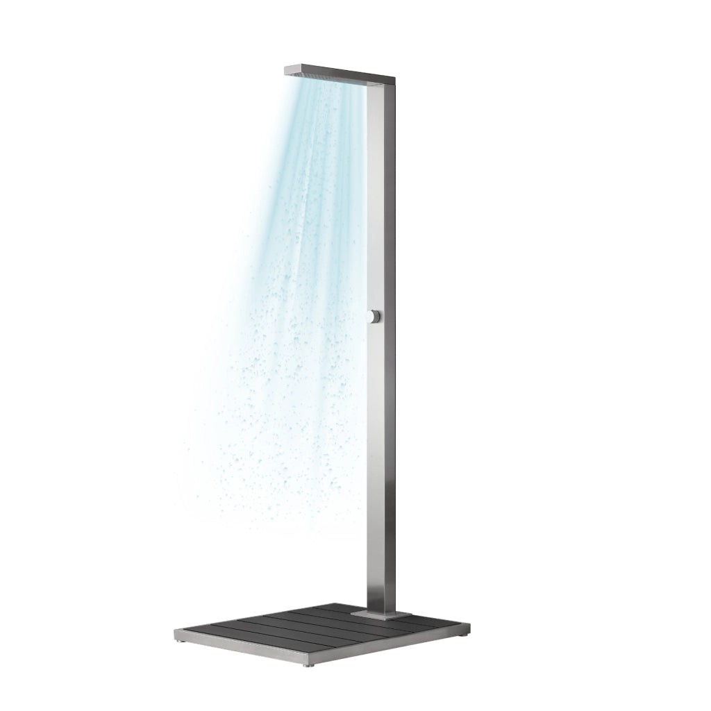 Doccia da esterno inox spazzolato modello faggio con pedana antiscivolo wpc