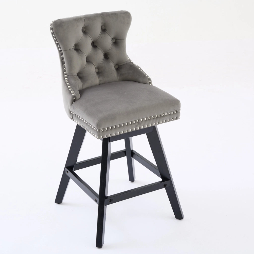 Sgabelli da Bar Girevoli in Velluto ¨C MINIMAL ¨C Grigio, Gambe in Legno, Set 2 Pezzi